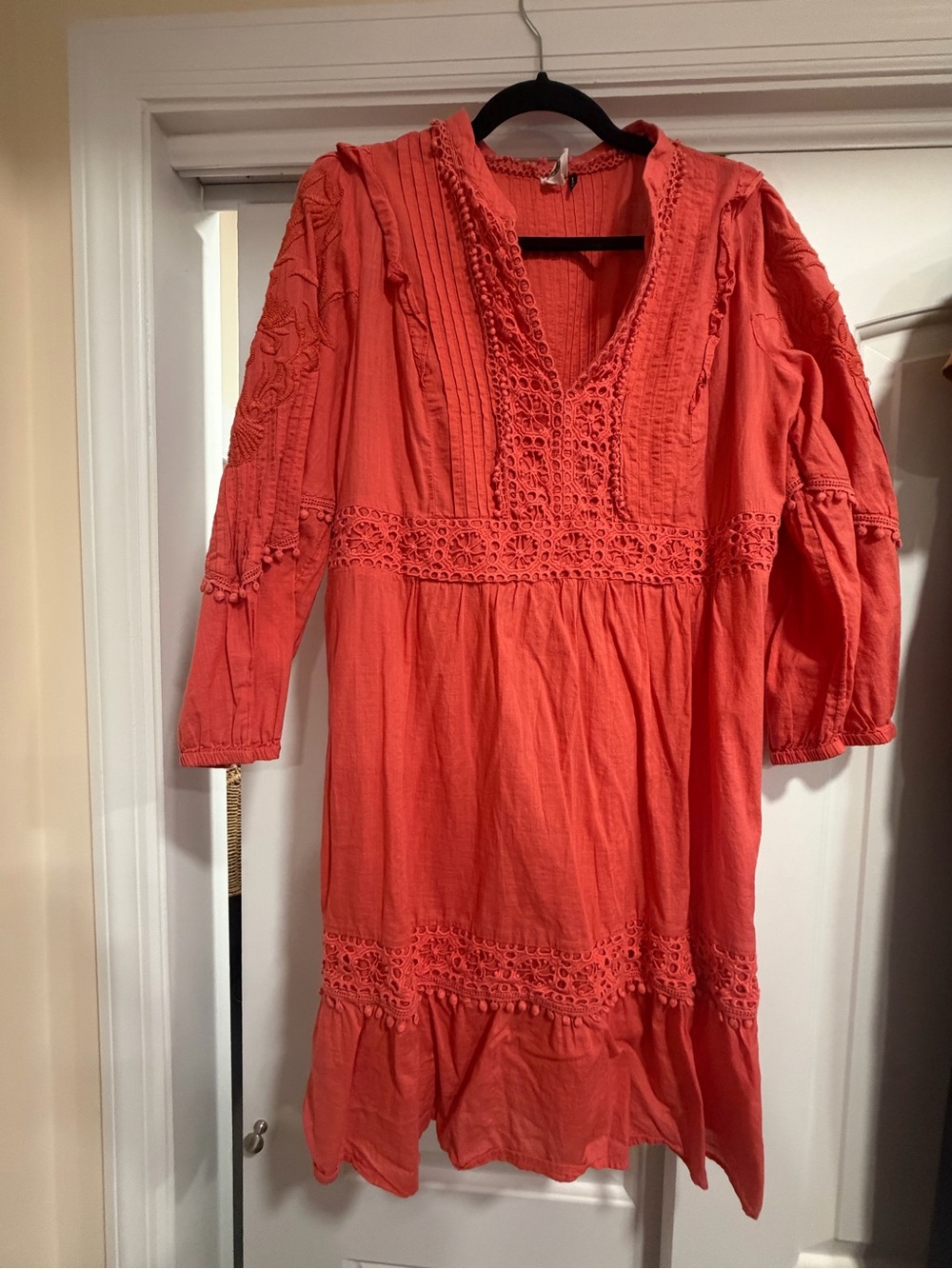 Anthropologie Coral Long-Sleeve Crochet-Trim Dress